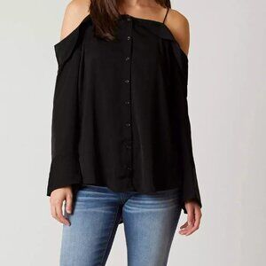 Free People Walk This Way Off the Shoulder Black Button Down Blouse